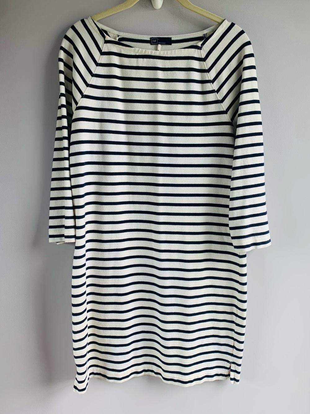 GAP Knit Dress Black Cream Stripes 3/4 Sleeve Boat Neck Cotton Office EUC Small